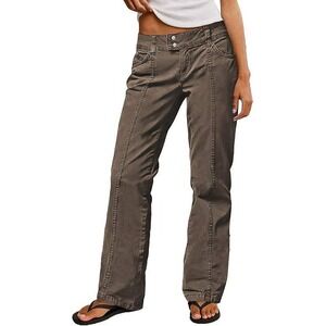 Flamingals Womens Dark Khaki Straight Leg Pants Cotton Blend Button Fly Casual S